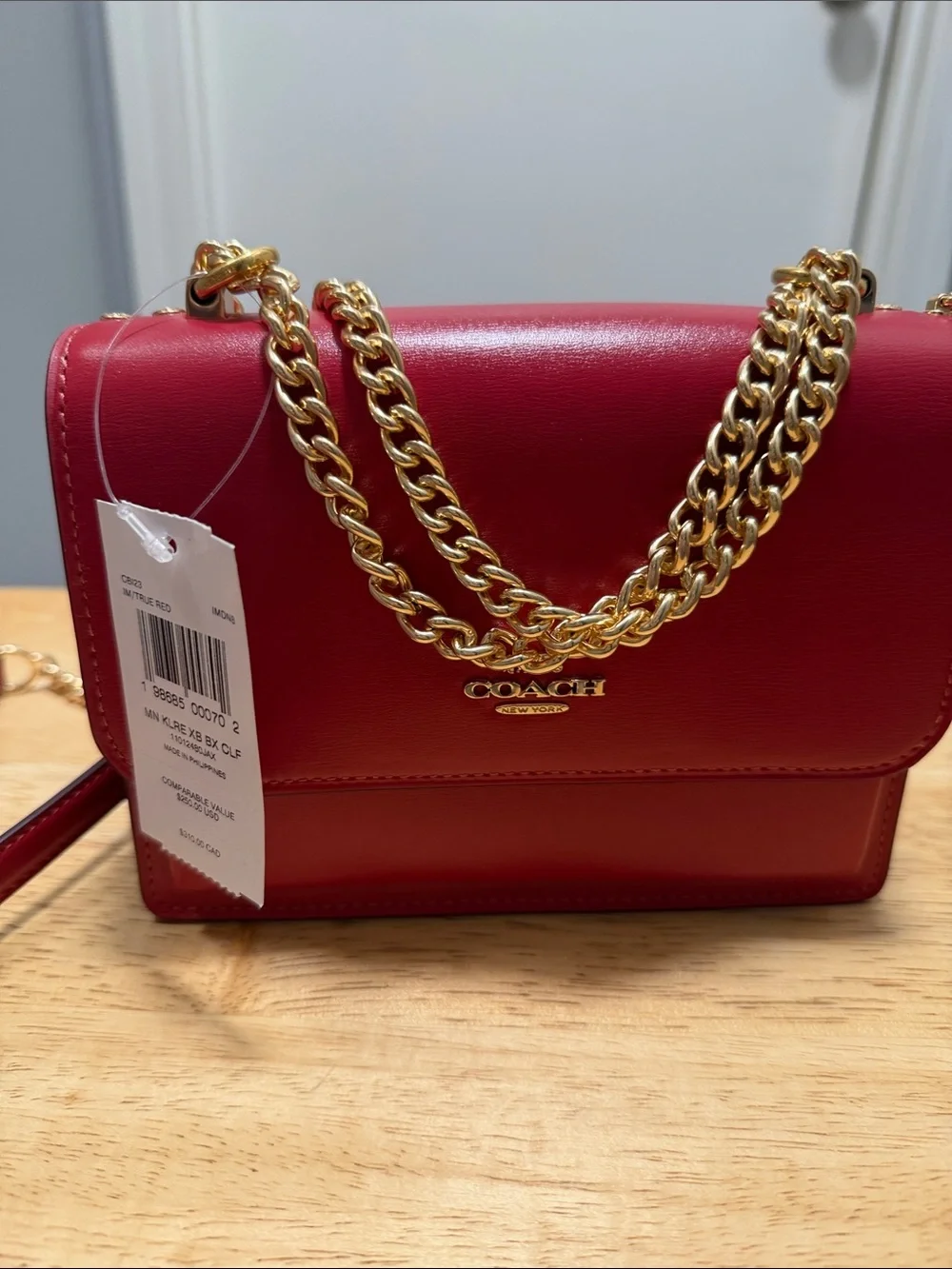 Coach Red Leather Crossbody with Gold Chain Strap Mini Klare NWT